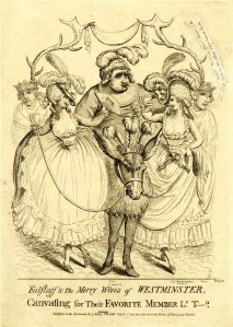 John Boyne, Falstaff & the Merry Wives of Westminster, 1788. The earliest surviving example of a satirical print published by James Aitken. 